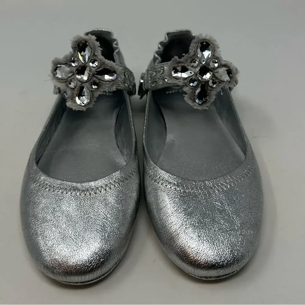 TORY BURCH Minnie Crystal Embellished Two Way Ballet Flat Silver Size 7.5